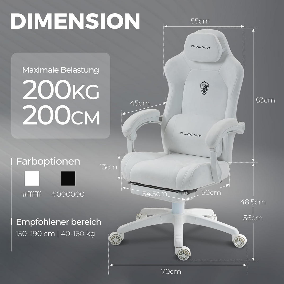 GAMING-STUHL Mikrofaser-Velours & Lendenkissen, Fußstütze 160° Neigbar - Weiß, Leder (70/132/70cm)