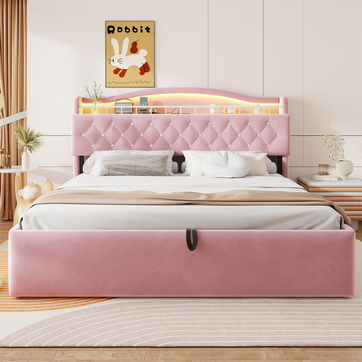 POLSTERBETT 180x200cm Samt LED USB Hydraulik Stauraum Rosa - Pink, Metall (180/200cm) - FLIEKS