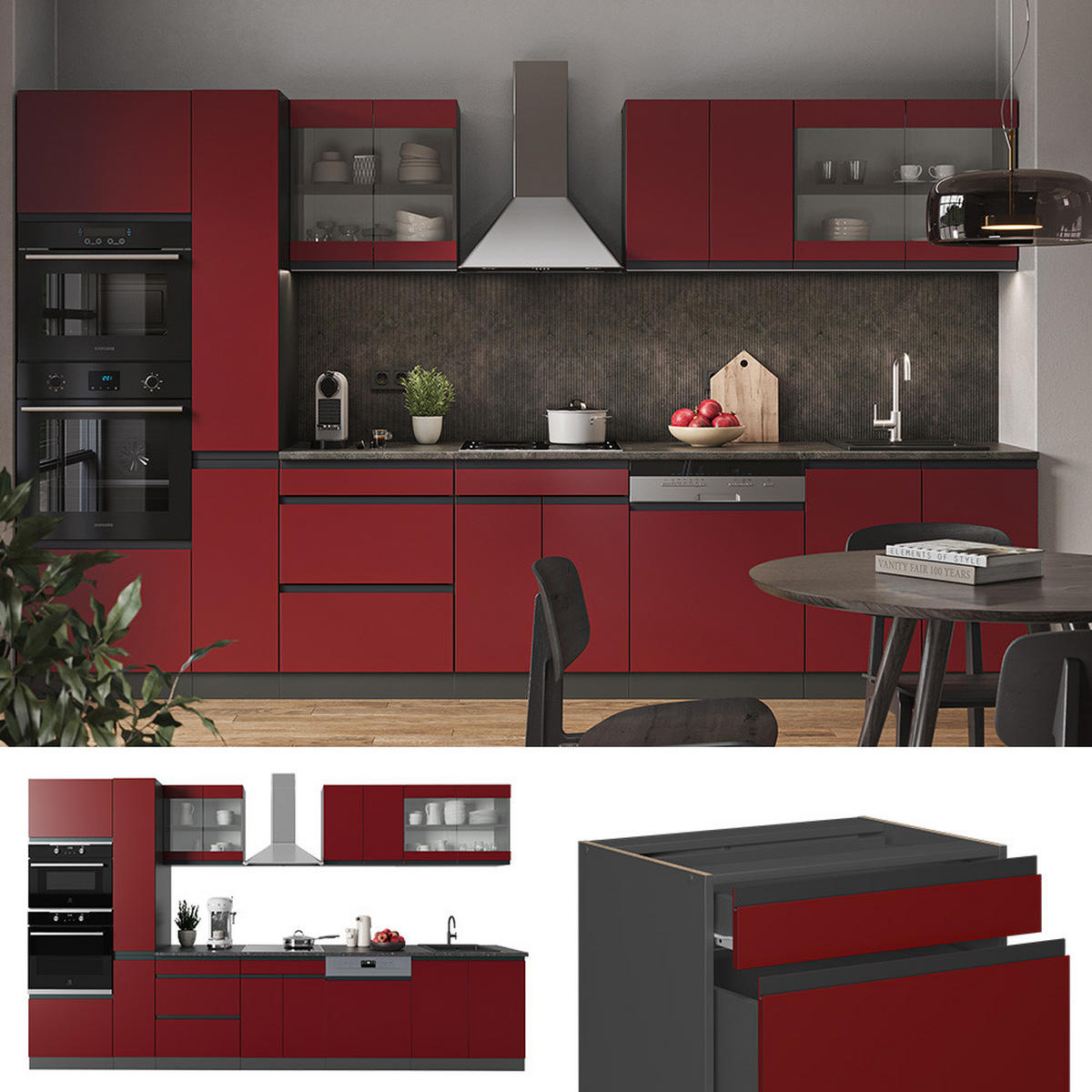 KÜCHENZEILE R-Line Rot/Anthrazit 350 cm J-Shape mit Hochschrank ohne AP - Rotbraun/Anthrazit, Holzwerkstoff (350/81.6/46cm) - Vicco