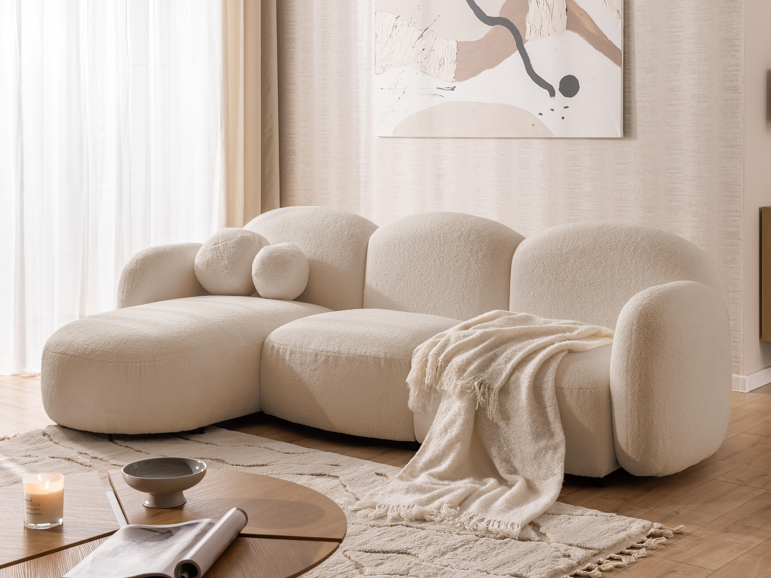 ECKSOFA Nuvola mit abgerundetem Design Hellbeige Bouclé-Stoff - Ottomane Links - Beige/Schwarz, Holz/Kunststoff (268/146cm) - S-Style Möbel