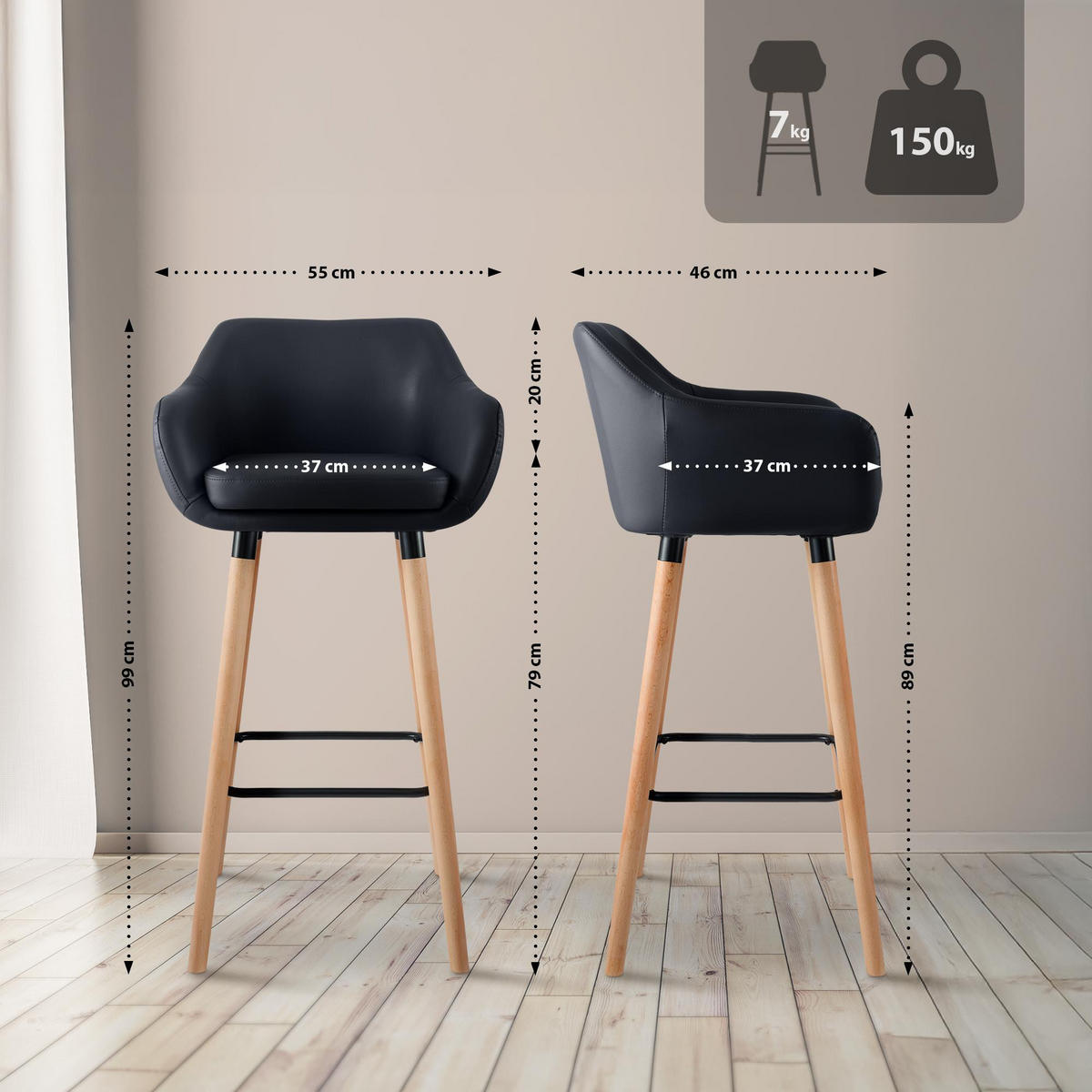 BARHOCKER Lederlook Schwarz - Eukalyptusholzfarben/Schwarz, Holz/Textil (55/99/46cm) - CLP