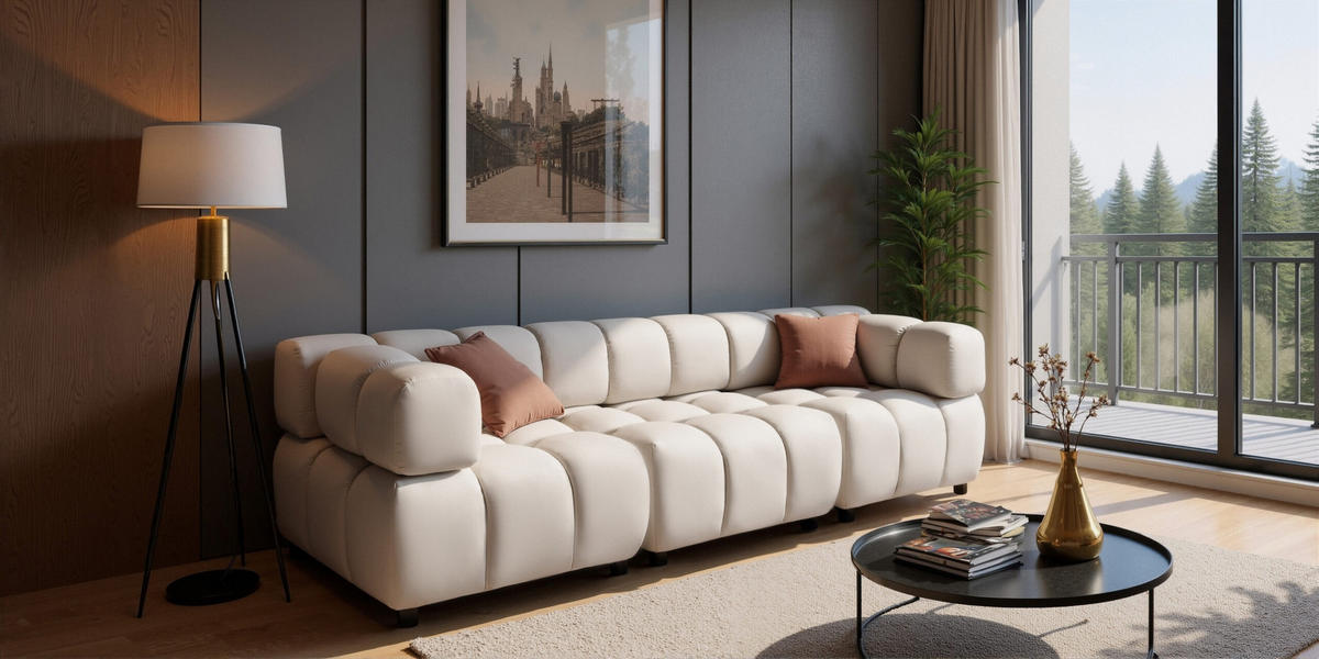 SOFA 4-Sitzer Modular, Couch, Veloursstoff Bluvel, Creme, Bolla - Creme, Holz (192/71/96cm) - Kaiser Möbel