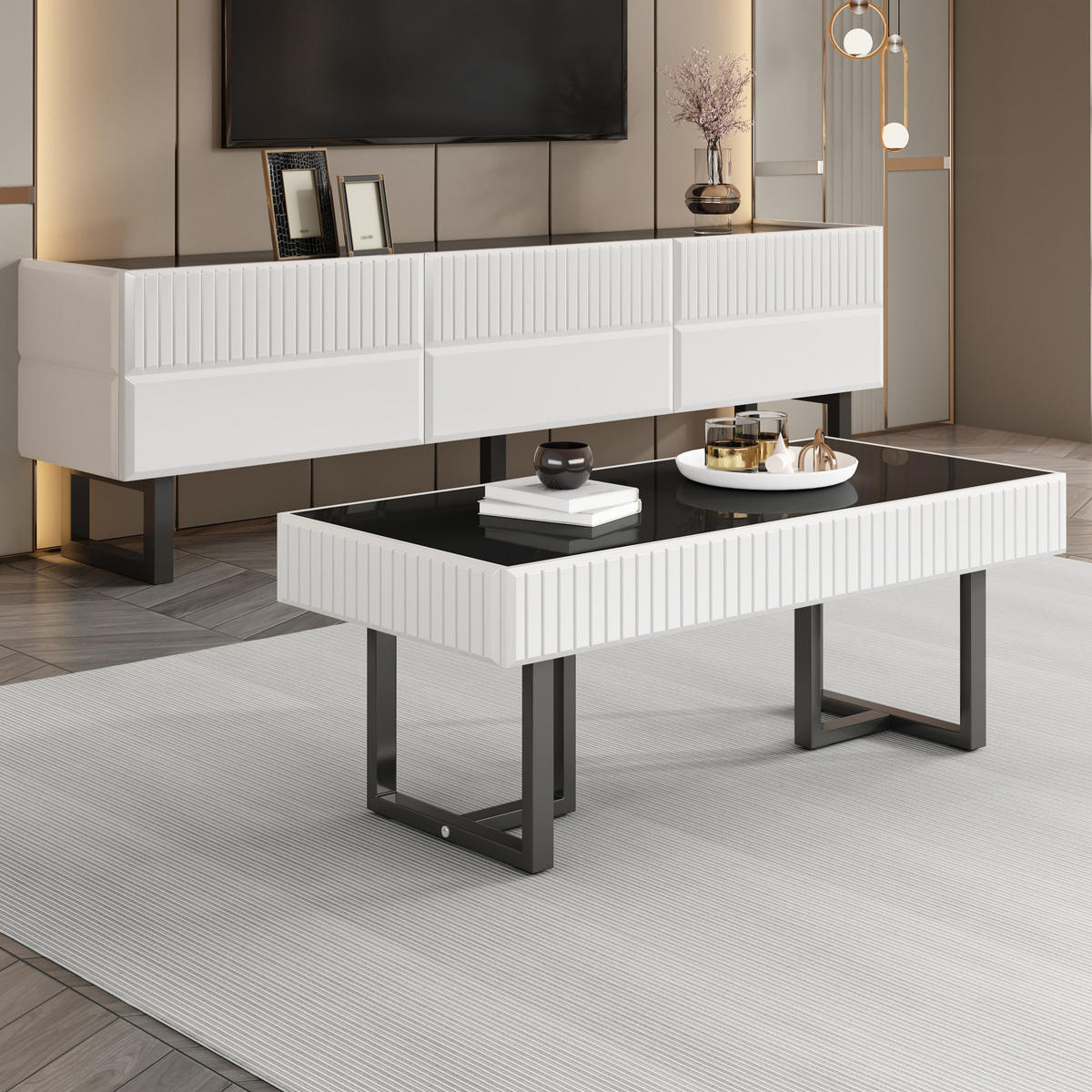 OBÝVACÍ sestava 170/35/47 a 110/50,5/41 cm černá a bílá z MDF a dřevotřísky s úložným prostorem - černá, kompozitní dřevo (170/47/35cm) - OKWISH