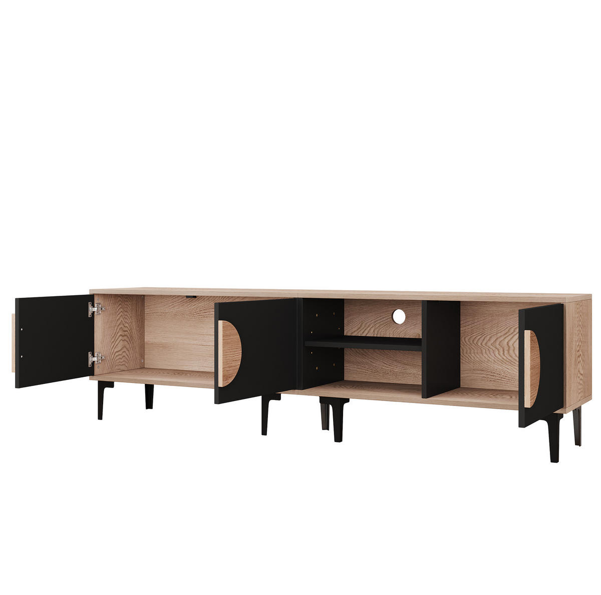 TV-LOWBOARD aus Spanplatte 180x35x49 cm Eichefarben/Schwarz mit 3 Türen und 2 offenen Fächern - Schwarz, Holzwerkstoff (180/49/35cm) - Modfu