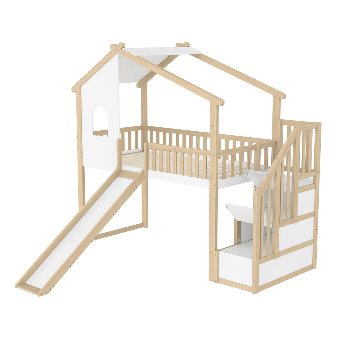 HOCHBETT 90/200 cm mit Rutsche, Stauraumleiter und Hausdesign aus Kiefernholz, Natur/Weiß - Naturfarben, Holzwerkstoff (90/200cm) - Redom