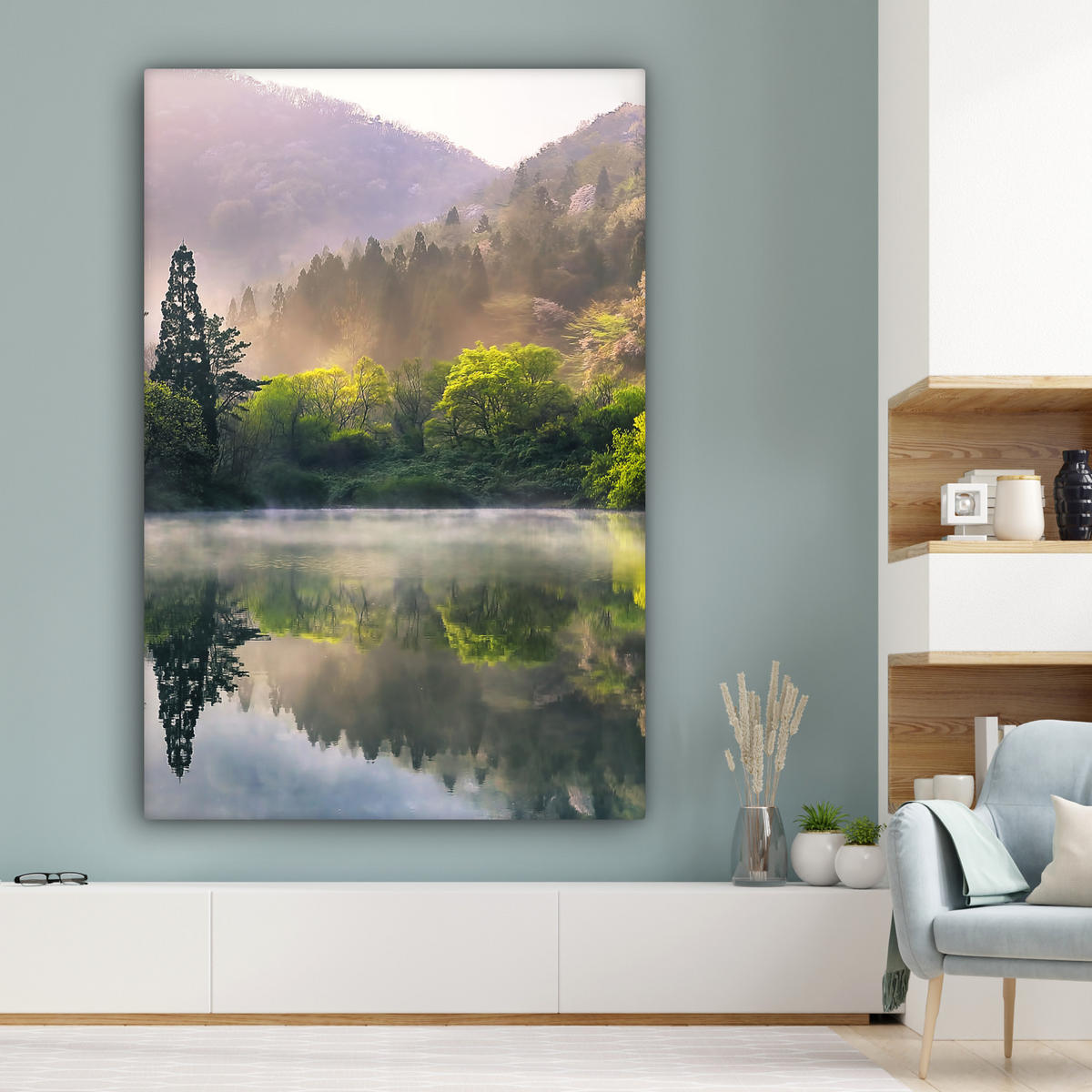 LEINWANDBILD Natur - Bäume - Berge - See - Wasser Deko Groß 90x140 cm - Hellgrün, Textil (90/140cm) - MuchoWow