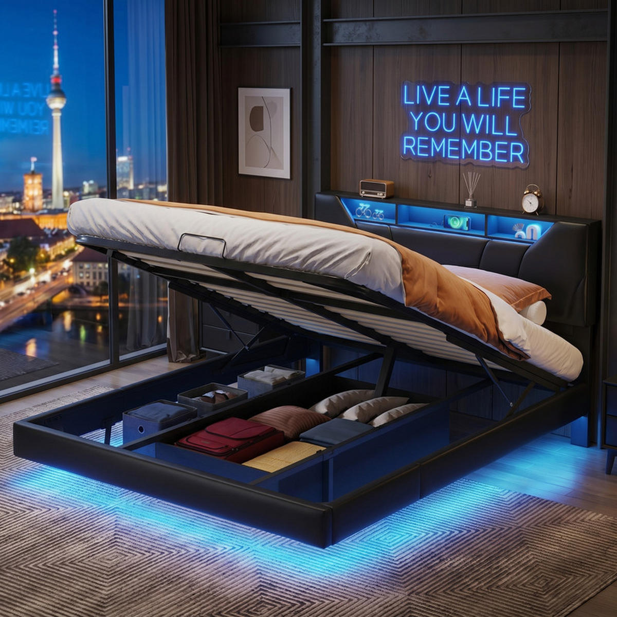 POLSTERBETT 140/200 cm schwarz mit Stauraum, LED und USB - Schwarz, Holz - SHOPENTRA