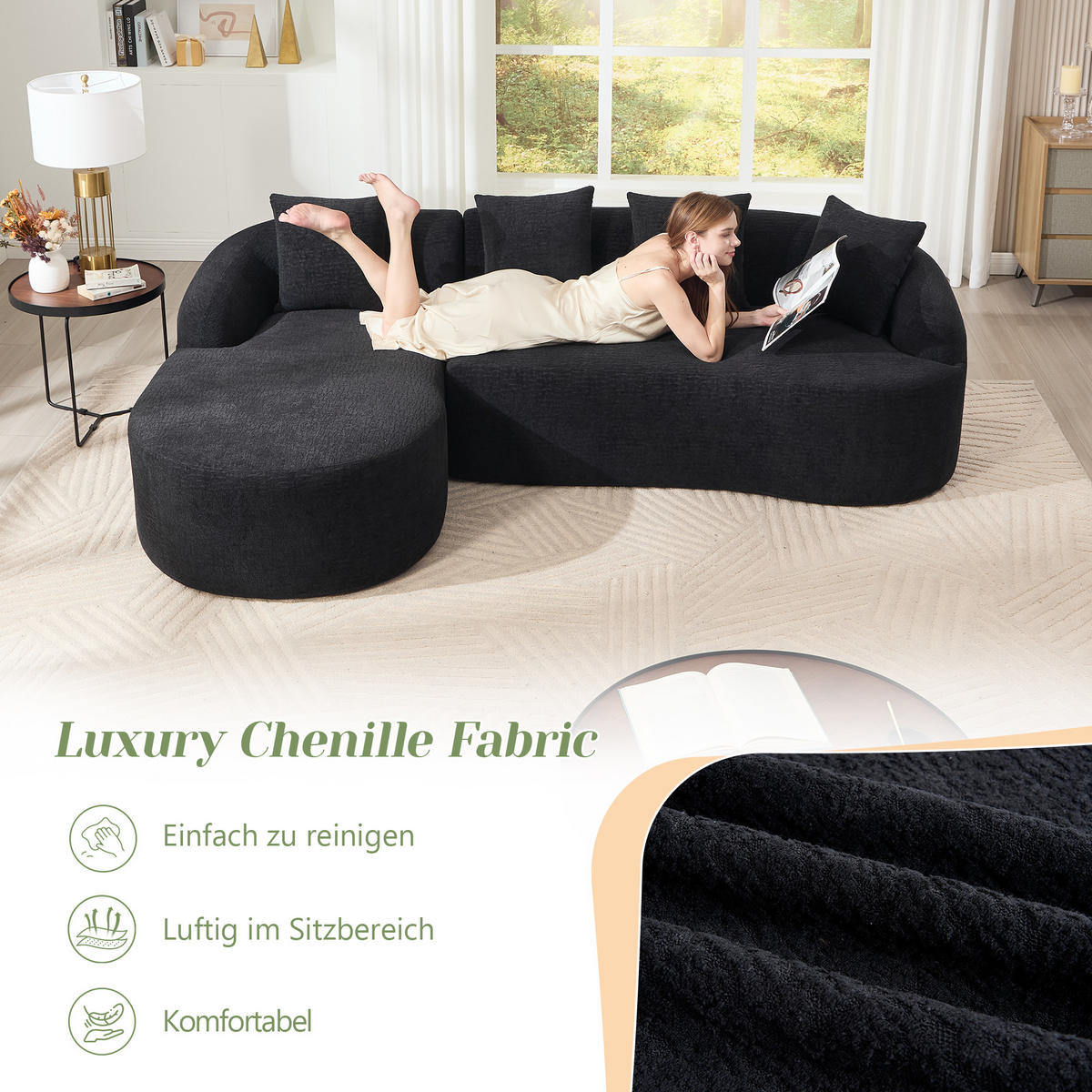 3-SITZER SOFA Chenille Schwarz mit Vakuumverpackung - Schwarz, Textil (243/150cm) - WISHDOR