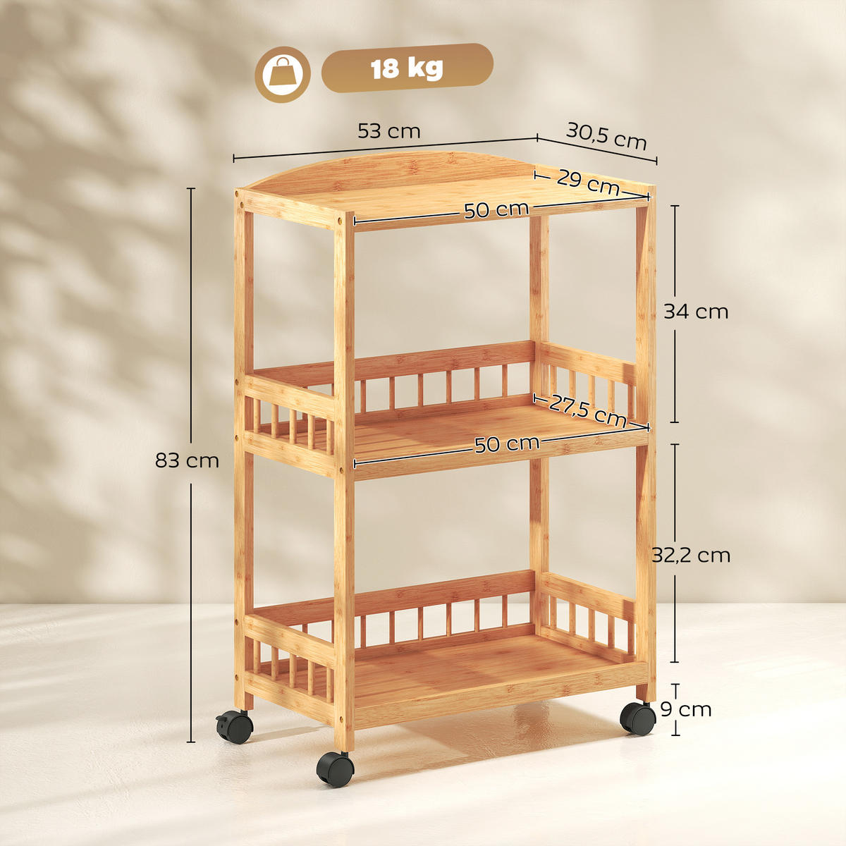 KÜCHENWAGEN Bambus Naturholz - Naturfarben, Holz (30.5/83/53cm) - HOMCOM