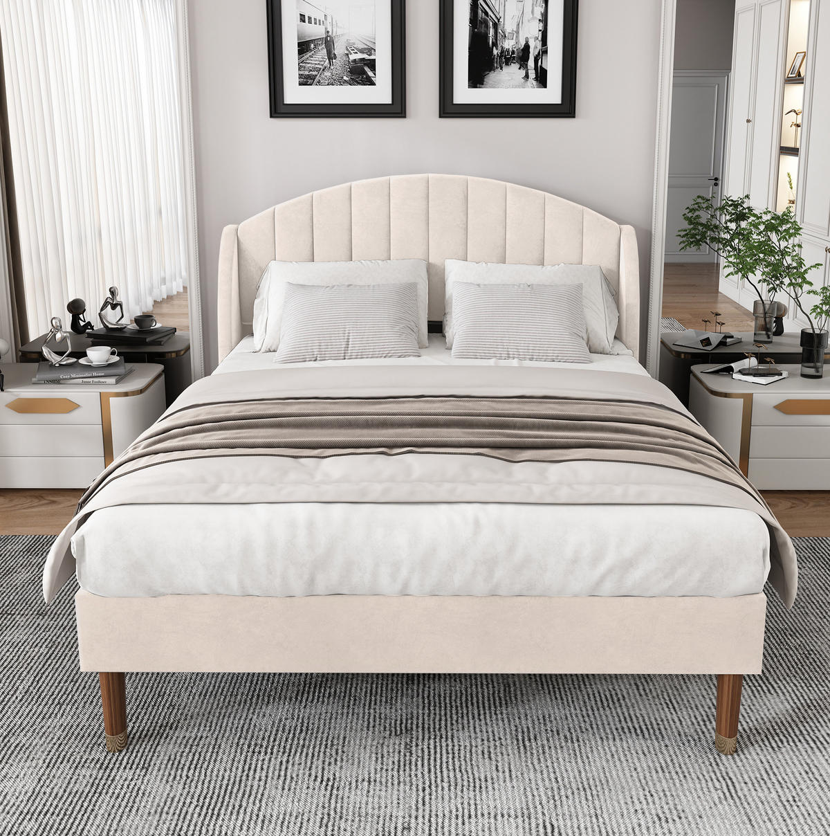 POLSTERBETT 140/190 cm aus Samt mit Lattenrost und gepolstertem Kopfteil Beige - Beige, Textil (140/190cm) - Modenvie