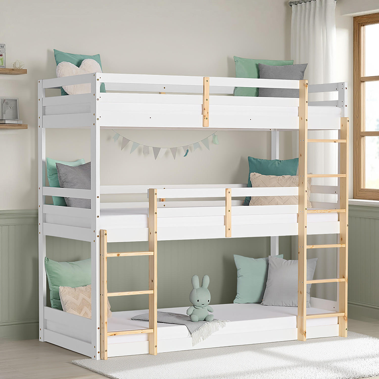 ETAGENBETT 90/200 cm Weiß Natur für 3 Kinder - Weiß, Holz (90/200cm) - Homestyle4u