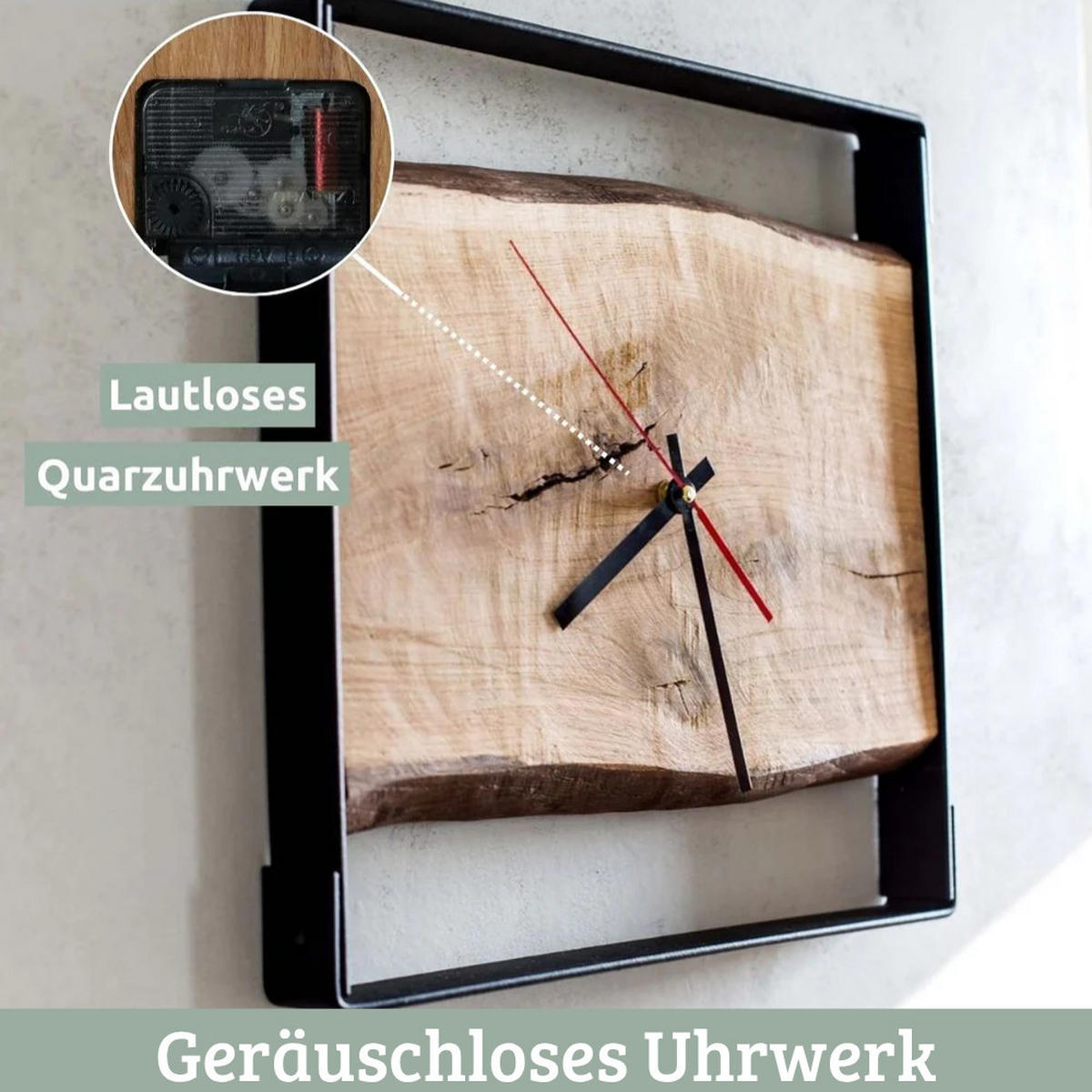 WANDUHR groß Holz EFFO HANDGEFERTIGT 37x37 cm Eiche Geräuschlos mit Nuten - Braun, Holz (37.2/37/4cm) - DELUKE