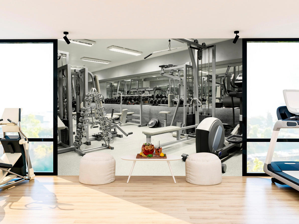 FOTOTAPETE Fitnessstudio Innenraum Equipment Modern Sport 350x256 - Ecru/Creme, Papier (350/256cm) - Muralo