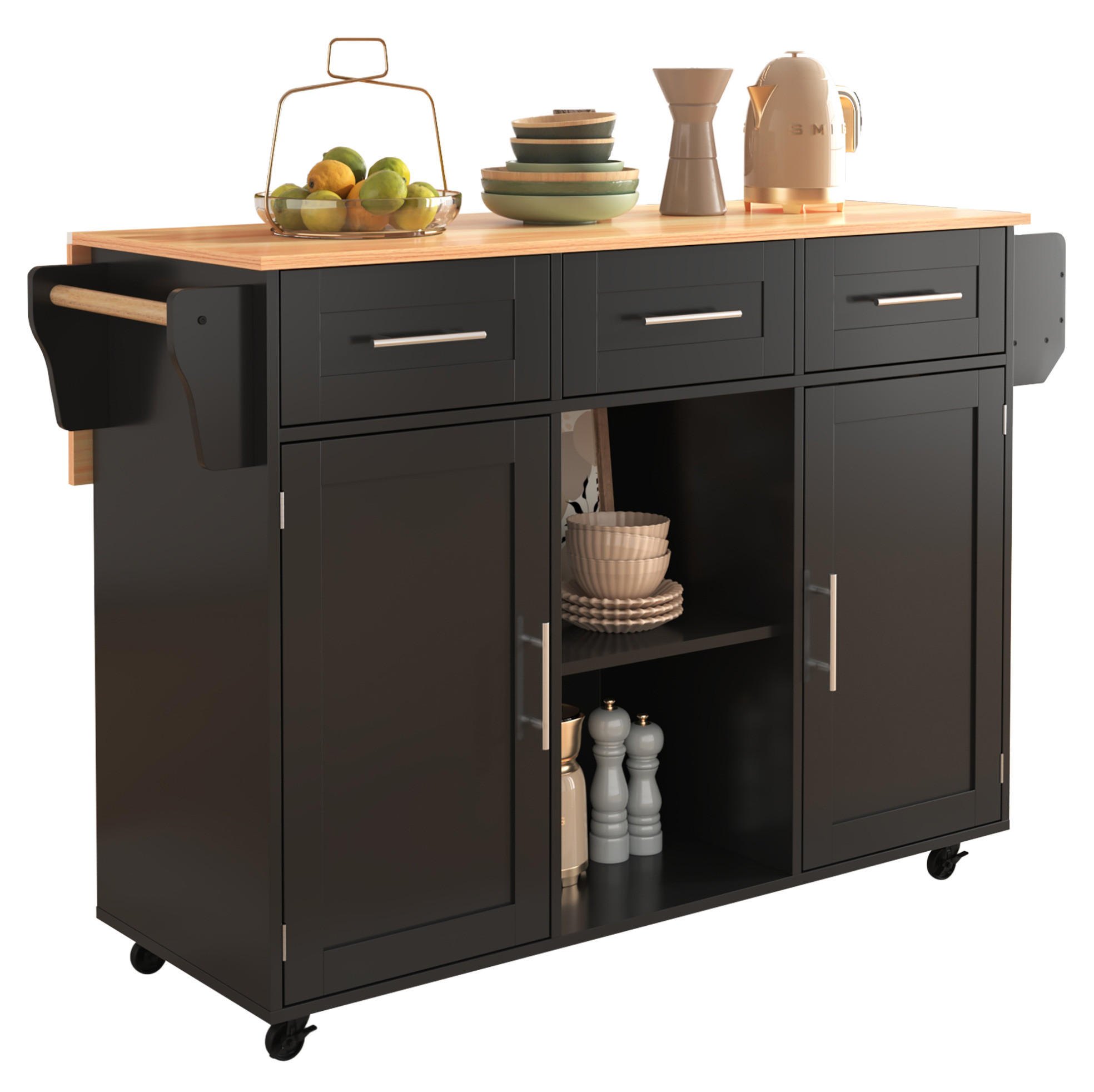 KÜCHENWAGEN mit Klappplatte 139 x 46(71) x 91,5 cm Schwarz/Natur - Schwarz, Holz (46/91.5/139cm) - Beauniv
