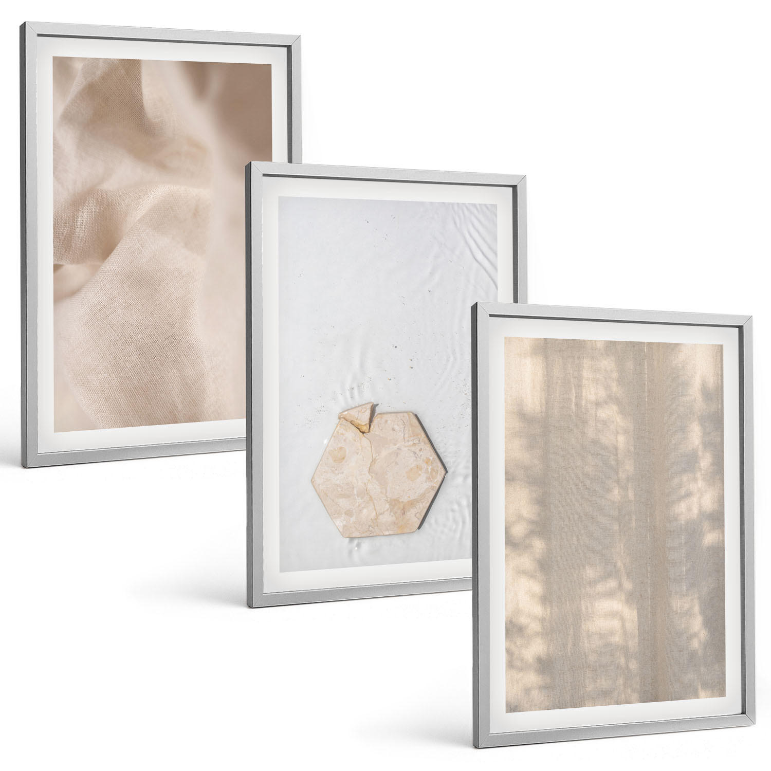 BILDER SET 3er Set - 40x60 cm Silberner Rahmen - Subtile Texturen, Boho-Natur - Silberfarben, Kunststoff (40/60cm) - TULUP
