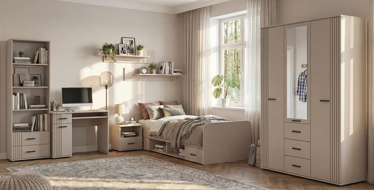KLEIDERSCHRANK Kaschmir 3-türig 135 x 190 cm, Drehtürenschrank mit Spiegel - Kaschmir/Schwarz, Holzwerkstoff/Kunststoff (135/190/55cm) - Inn.Furn