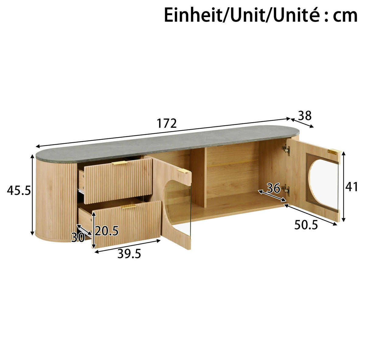 TV stolek 172/38/45,5 cm s vertikální 3D strukturou, oválnou vitrínou a vícezónovým úložným prostorem, Natural - světle hnědá, kompozitní dřevo (172/45.5/38cm) - Redom