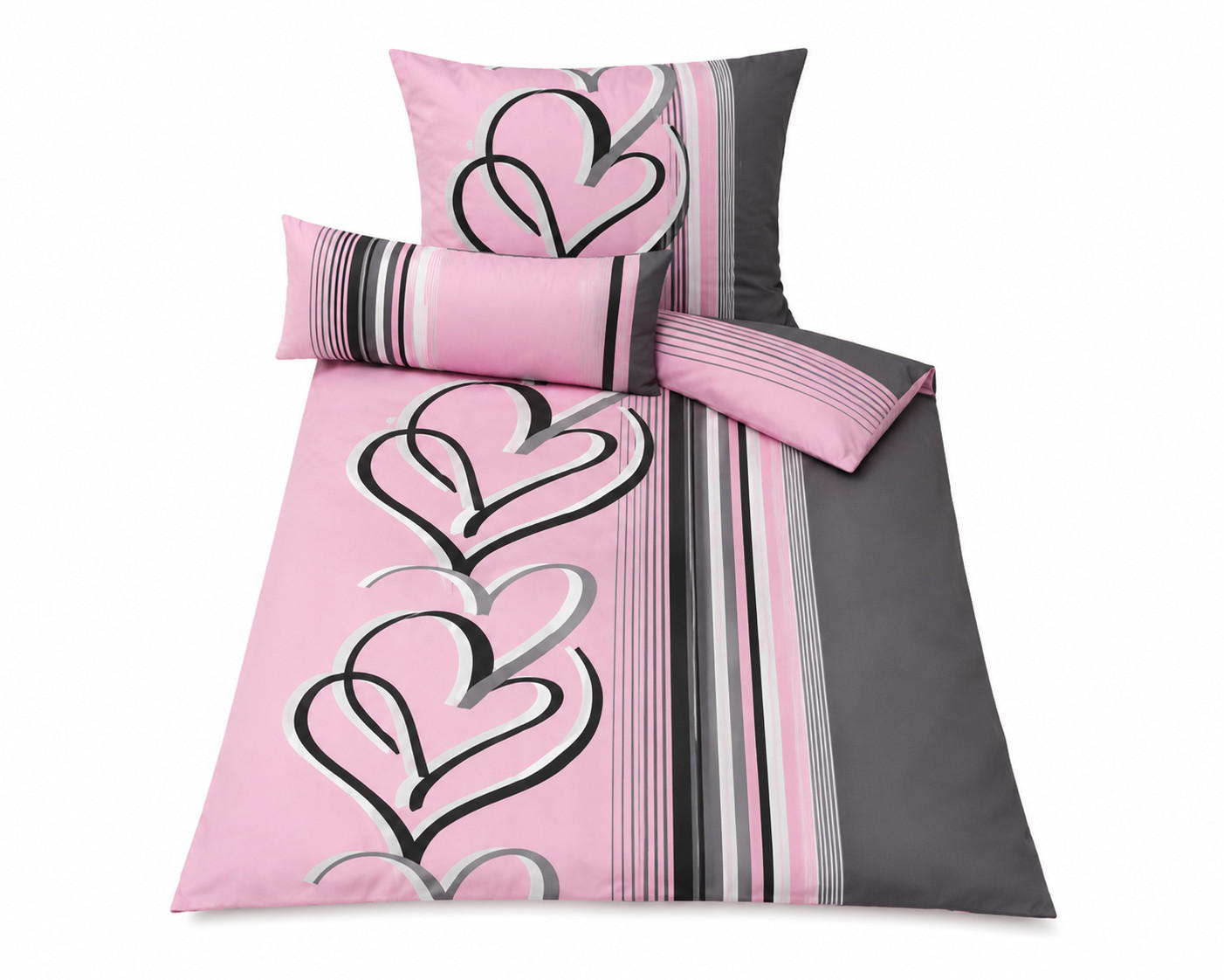 BETTWÄSCHE Herzen Rosa/Grau 135x200 cm – 2-teilig, 40x80 cm Kissenbezug, Baumwolle-Polyester - Multicolor, Naturmaterialien (155/200cm) - Nesbel – Beauty & Ambiente