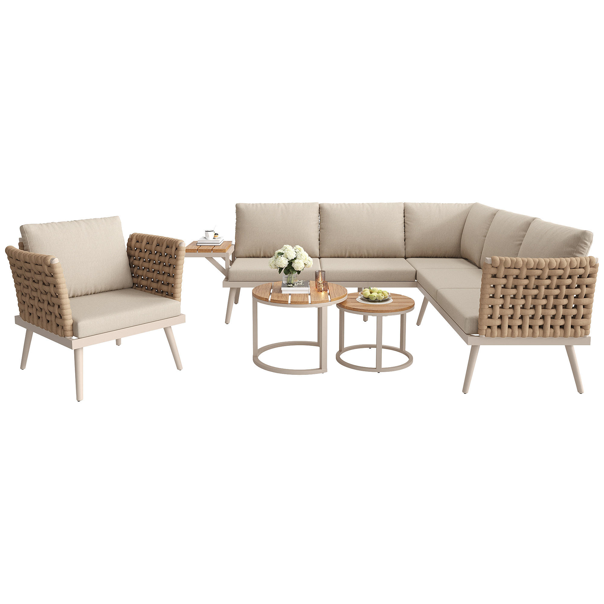 GARTENMÖBEL-SET Grau/Beige 6 Personen inkl. 2 Couchtische & Sessel - Beige, Metall - PANGIVO