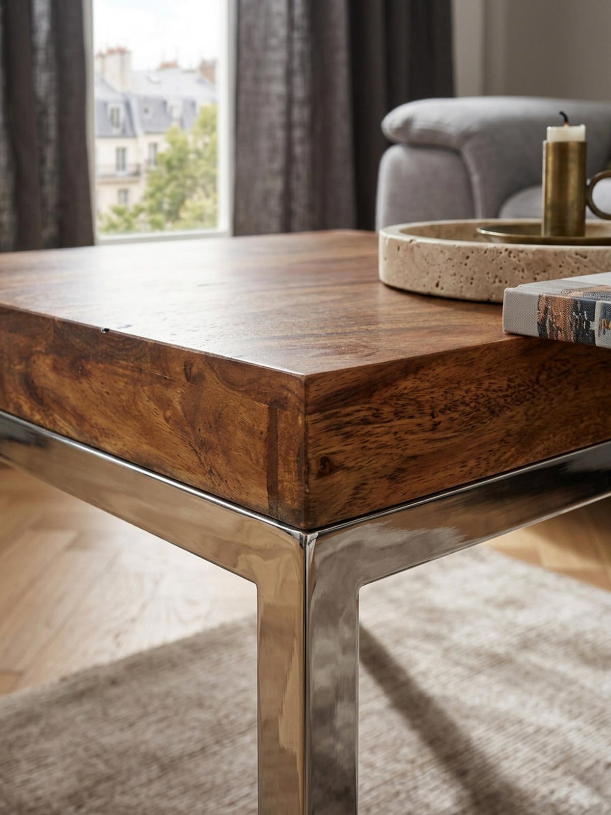 COUCHTISCH Massivholz Metallgestell Pflegeleicht, Braun 45x45x40 cm - Silberfarben/Braun, Holz/Metall (45/45/40cm) - KADIMA DESIGN