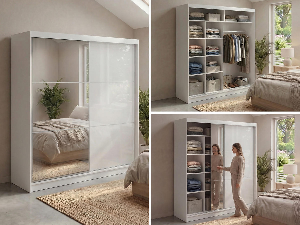 SCHWEBETÜRENSCHRANK mit Spiegel - WALENCJA - 200 - Weiß lacobel - Alufarben/Weiß, Holzwerkstoff/Metall (200/216/61cm) - MKS