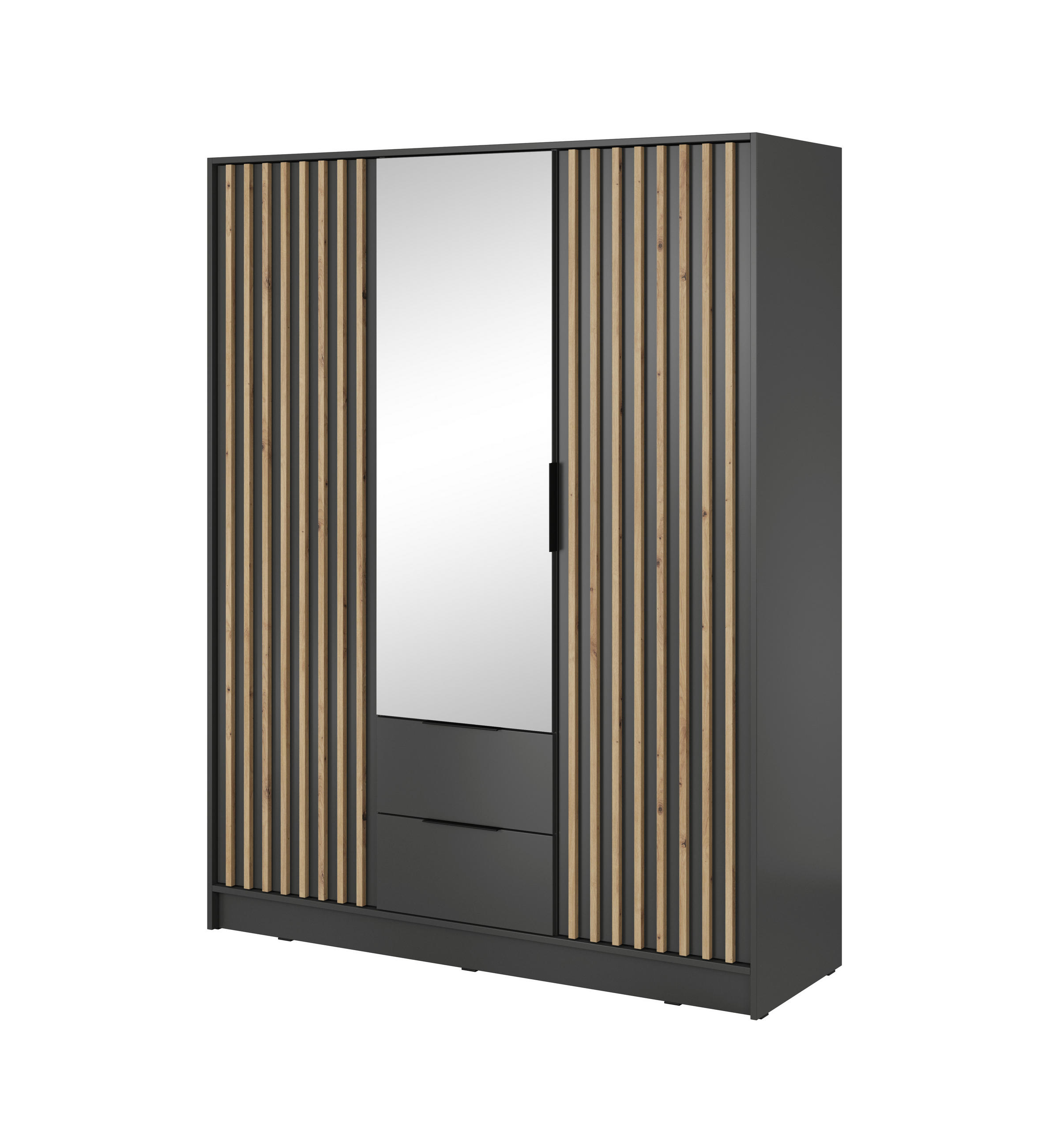 KLEIDERSCHRANK Nelly Graphit, Schrank Dreitürige, Garderobe mit Spiegel und Schubladen - Graphitfarben, Holzwerkstoff (155/200/51cm) - Bettso