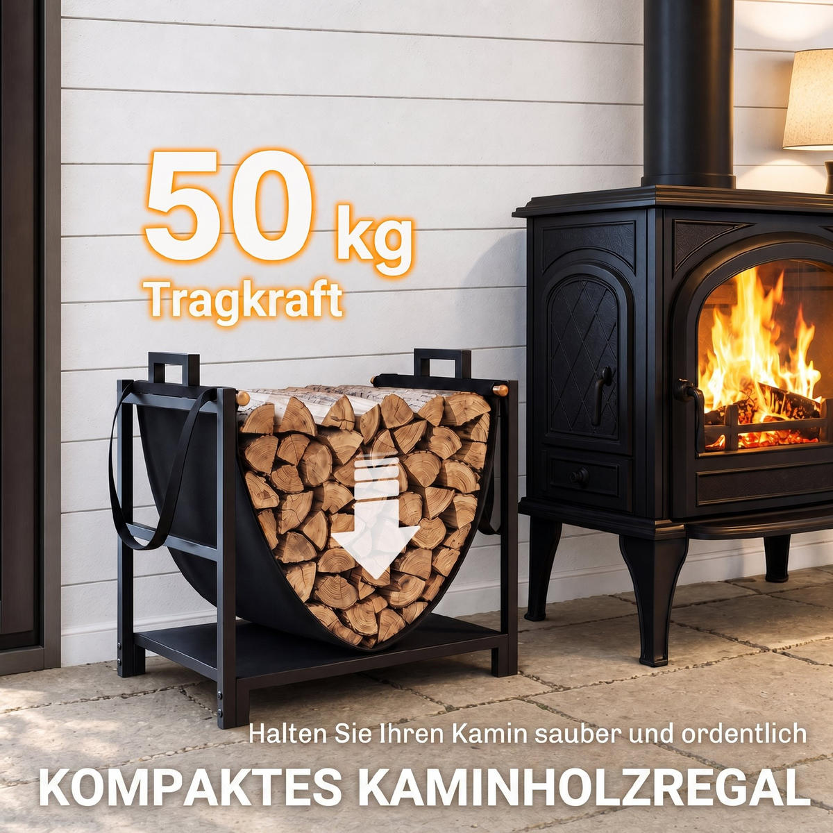 BRENNHOLZREGAL Metall Canvas Schwarz - Schwarz, Textil/Metall (33/44/47.5cm) - Outsunny