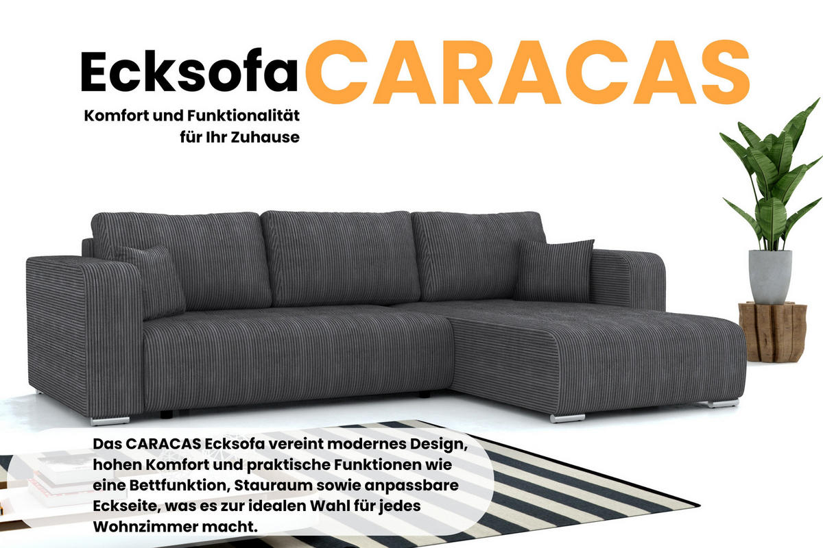 ECKSOFA CARACAS 288/185 in Cord Anthrazit mit Schlaffunktion rechts - Anthrazit, Holz/Holzwerkstoff (288/185cm) - Deine Möbel 24