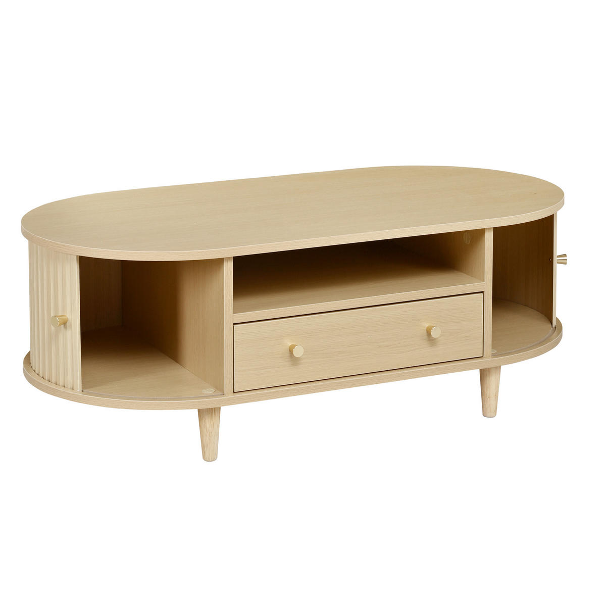 COUCHTISCH Ovales Design mit Rolltür & Schublade - Eichefarben, Holzwerkstoff (50/100/36cm) - Urban Meuble