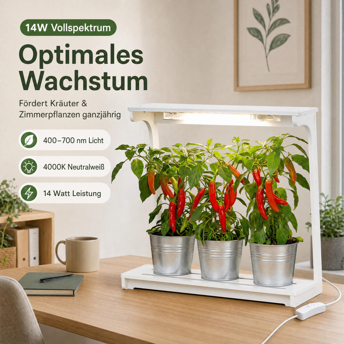 LED-PFLANZENLEUCHTE Northpoint 14W Vollspektrum 4000K mit 16h Timer Stecksystem - Weiß, Kunststoff (46.9/48/19.9cm) - Northpoint
