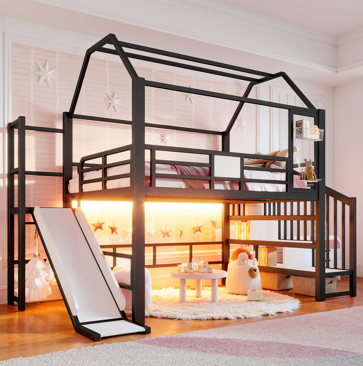 KINDERHOCHBETT MDF & Metall 140x200 cm Schwarz mit Rutsche, Treppe, Stauraumfächern und LED-Beleuchtung - Schwarz, Holzwerkstoff (140/200cm) - Modfu