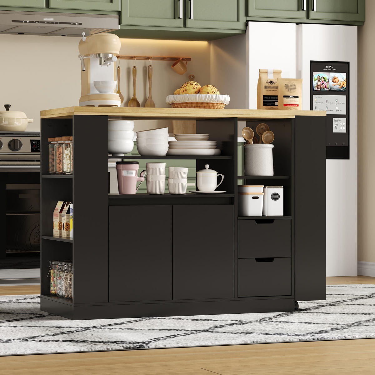 KÜCHENINSEL 115x50x92cm Schwarz mit drehbarer Ausziehplatte & Gewürzregal - Schwarz, Holzwerkstoff (115/92/50cm) - Modfu