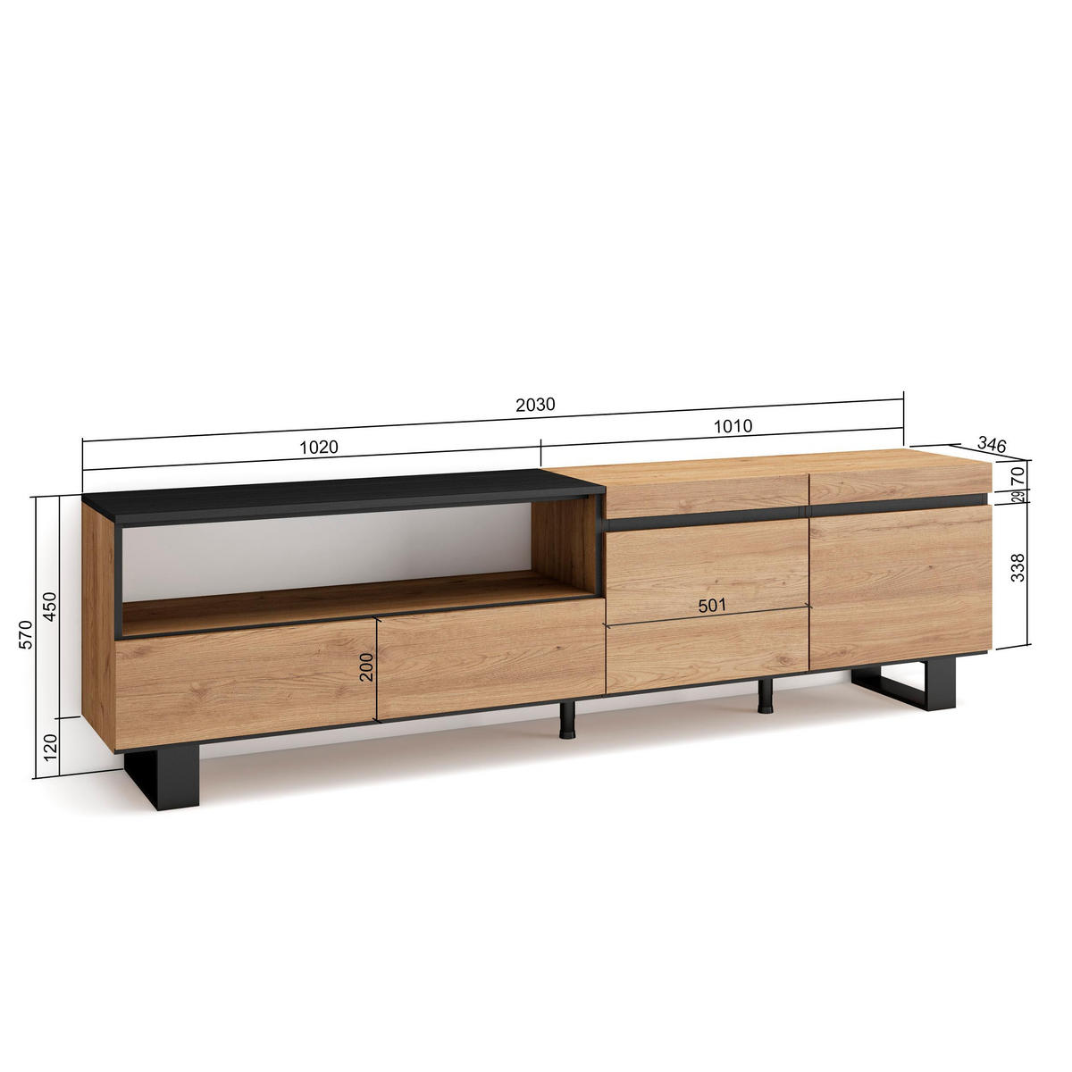 LOWBOARD, eiche, schwarz, 200/35/57cm - Eichefarben/Schwarz, Holzwerkstoff (200/57/35cm) - Skraut Home