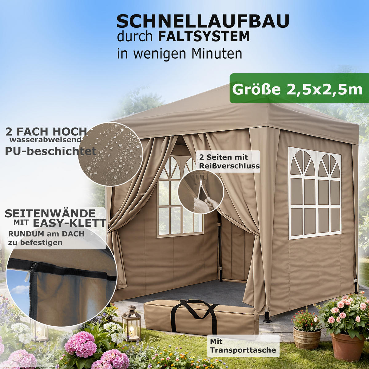FALTPAVILLON 2,5/2,5 m Graubeige - Braun, Metall (250/245/250cm) - QUICK STAR