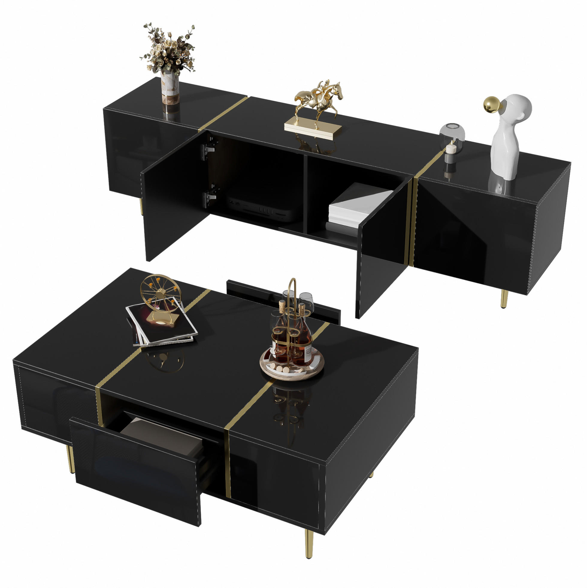TV-SCHRANK- und Couchtisch-Set 170/35/46 cm & 100/60/41,5 cm mit Stauraum und Soft-Close-Scharnieren, Schwarz - Schwarz, Holzwerkstoff (170/46/35cm) - Redom