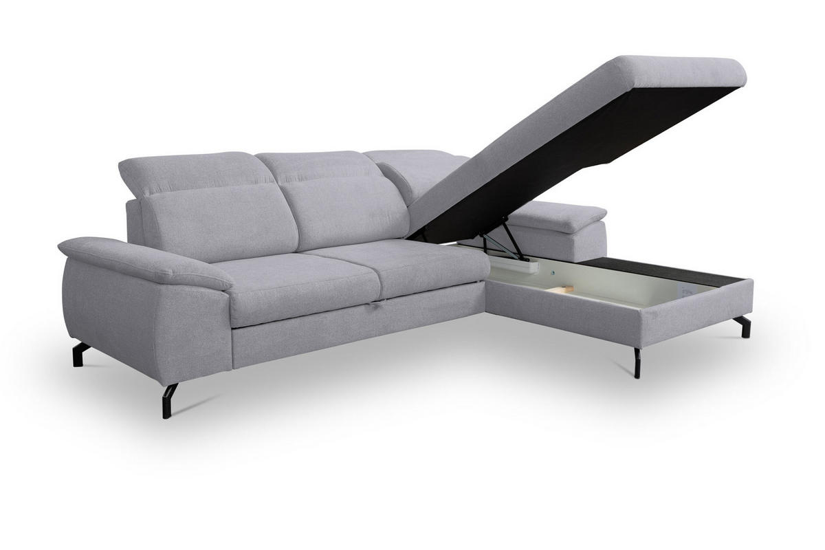 ECKSOFA MALIBU mit Schlaffunktion und Bettkasten, Farbe: Helgrau, Velourstoff, Ottomane Rechts - Hellgrau, Textil (276/184cm) - VENASI MÖBEL