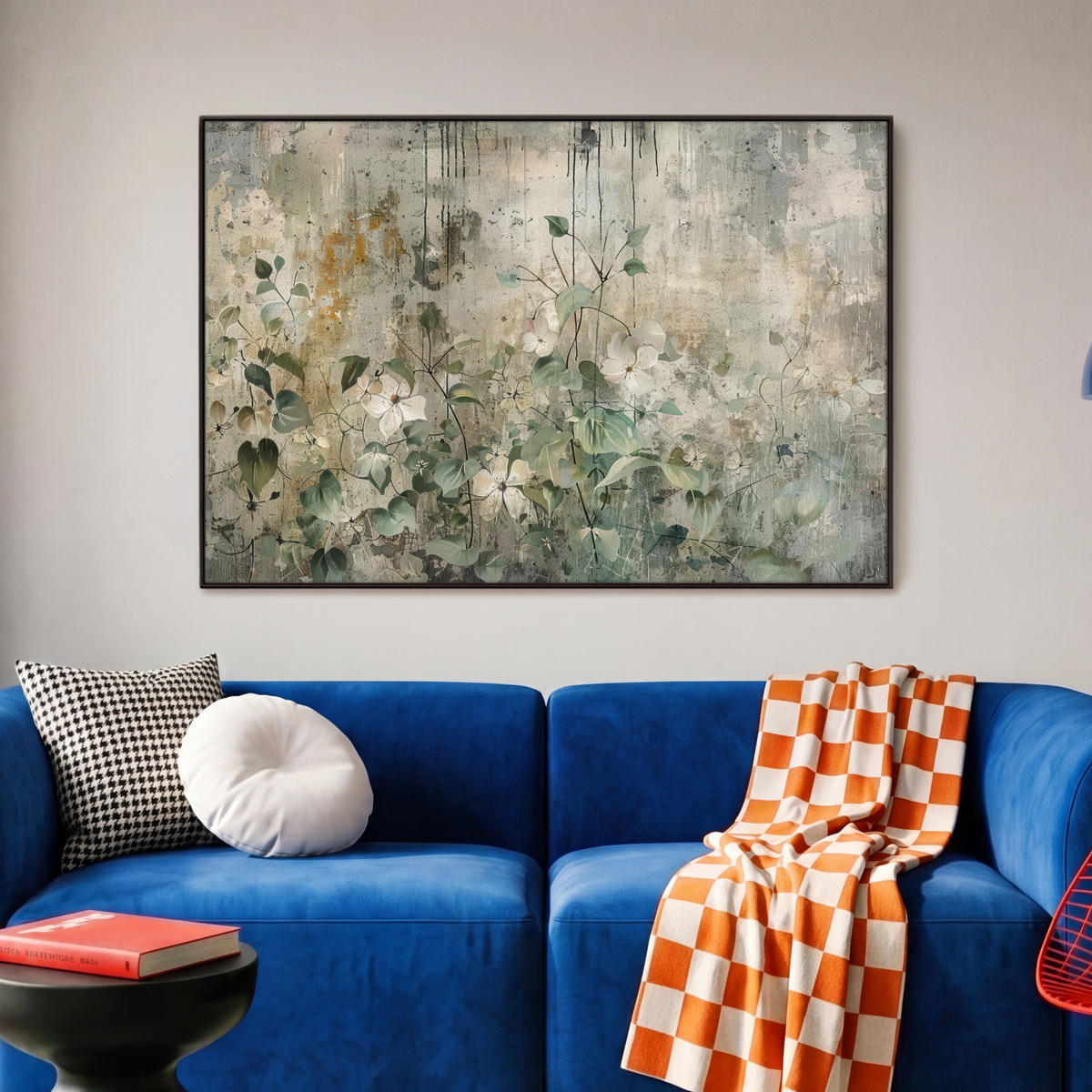 LEINWAND Bilder mit Rahmen - Blumen - Blätter - Abstrakt - Modern - 90x60 - Grau, Textil (90/60cm) - MuchoWow