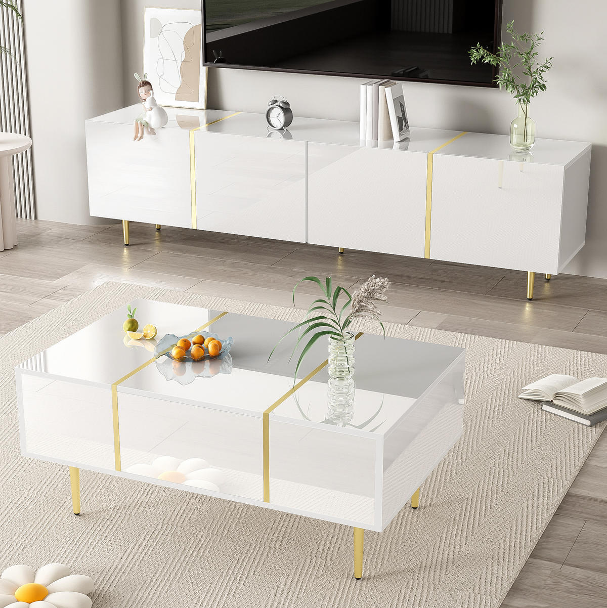 WOHNZIMMER-SET TV-Schrank und Couchtisch Hochglanz Weiß 2-tlg. - Weiß, Holzwerkstoff (60/41.5/100cm) - Beauniv