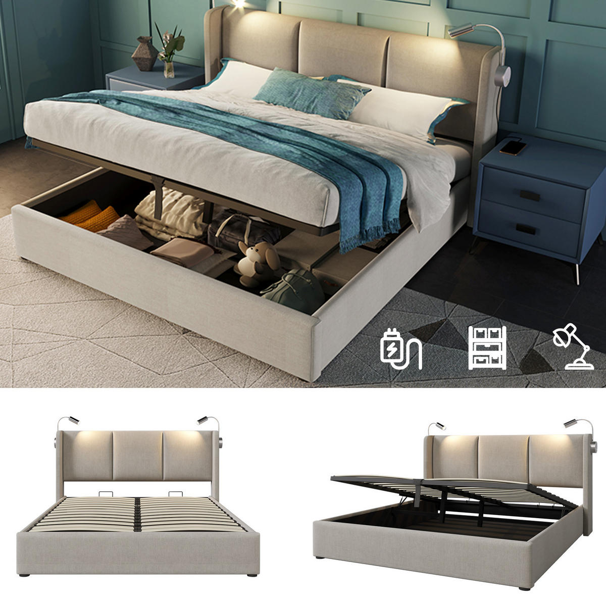 ČALÚNENÁ posteľ z ľanu 140x200 cm béžová s LED čítacím svetlom, USB nabíjaním a úložným priestorom - béžová, textil (140/200cm) - Modfu