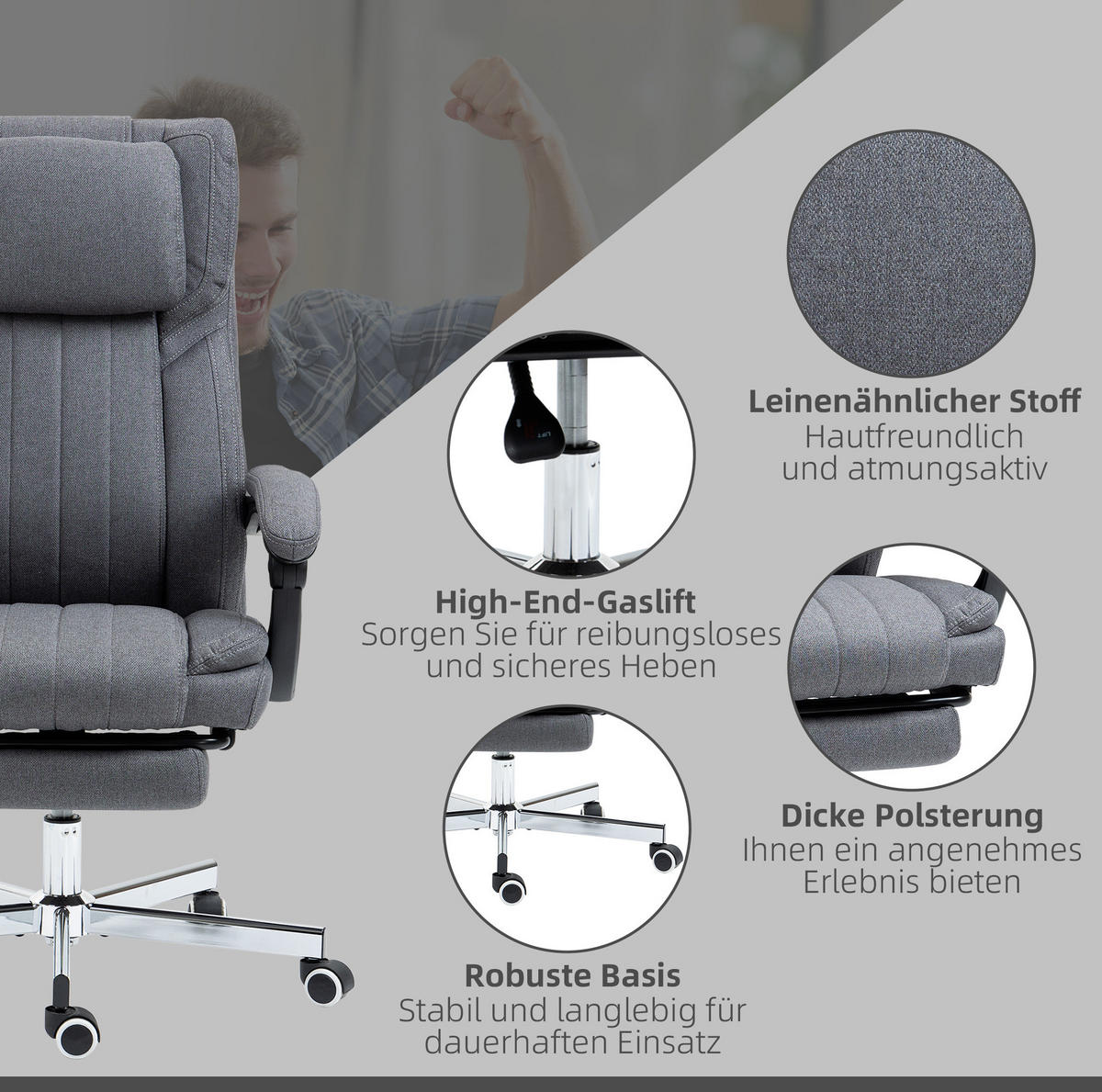 DREHSTUHL 65/61/105-113 cm, ergonomisch mit 6-Punkt-Massage, Leinenoptik, Grau - Grau, Kunststoff (61/113/65cm) - Redom
