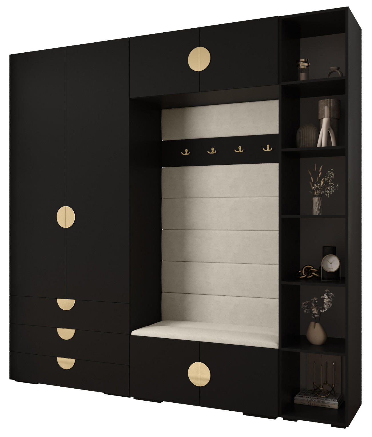 Abiks Möbel Garderoben-Set Schwarz, Beige, Gold 240x236.7x47 cm