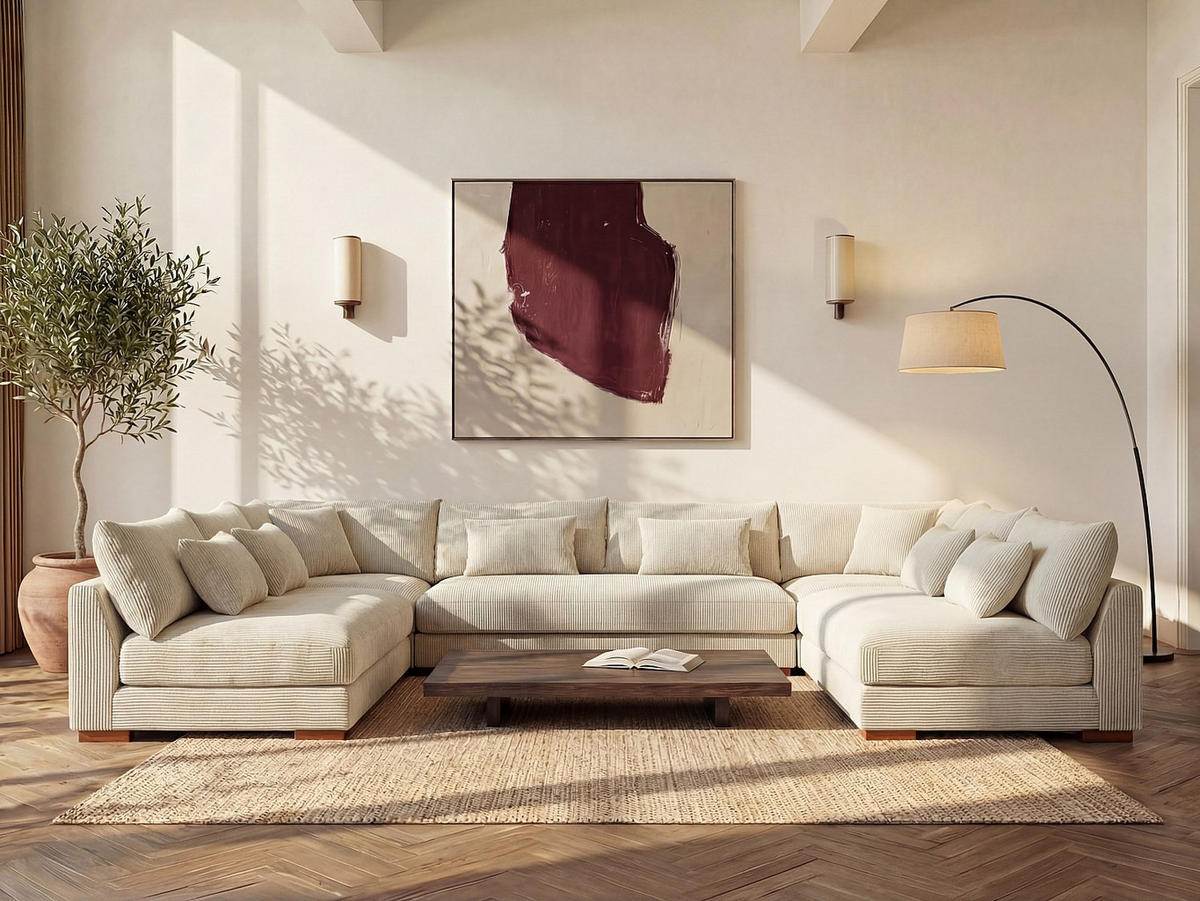 SOFA ohne Schlafmöglichkeit - 9 Personen - Samt, Stoff - Beige - - Beige, Textil (375/85/274cm) - Vente-Unique