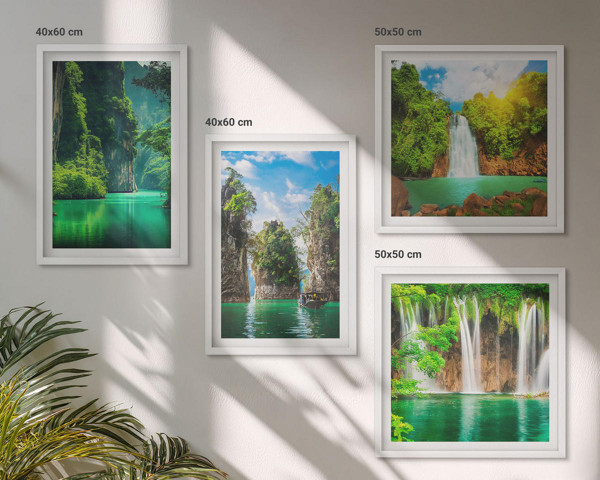 BILDER SET 4er Set - 50x50 cm & 40x60 cm Weißer Rahmen - Grüne Landschaften, Wasserfälle - Weiß, Kunststoff (50/50cm) - TULUP