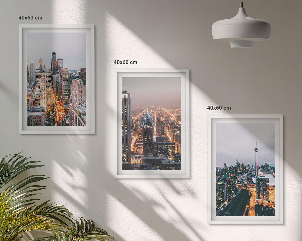 WANDBILDER 3er-Set - 40x60 cm Weißer Rahmen - Städte bei Nacht, Wolkenkratzer, Lichter - Weiß, Kunststoff (40/60cm) - ArtPrintCave