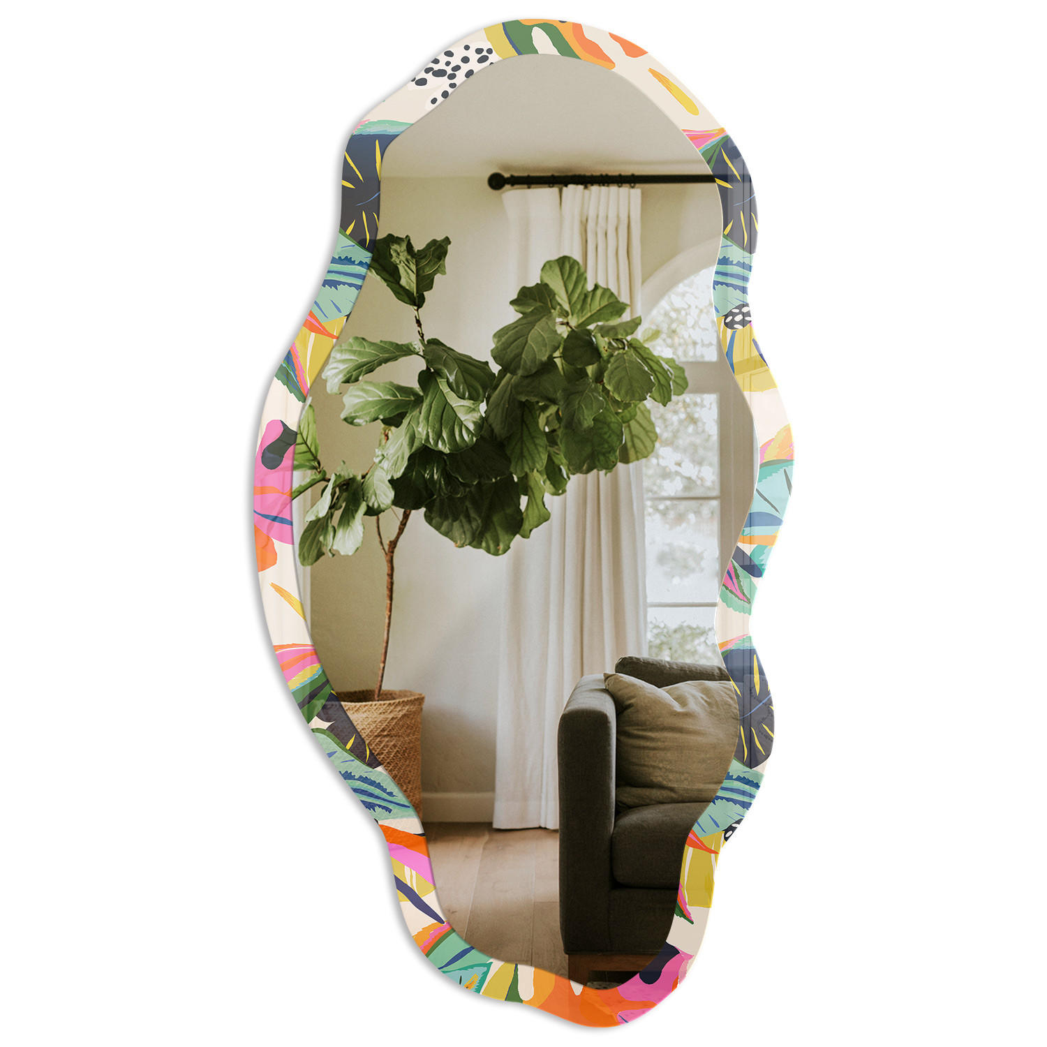 SPIEGEL 90x45 cm asymmetrisch mit Druck - Farbenfroher Dschungel - Transparent, Glas (45/90/0.4cm) - TULUP