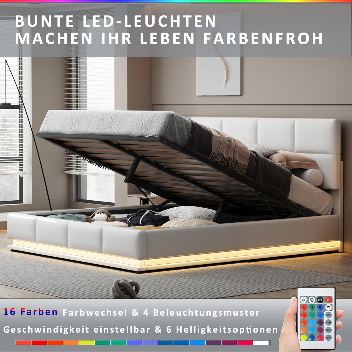 POLSTERBETT 180/200 cm in Weiß mit Bettkasten, LED und verstellbarem Kopfteil - Weiß, Holzwerkstoff/Textil (180/200cm) - WISHDOR