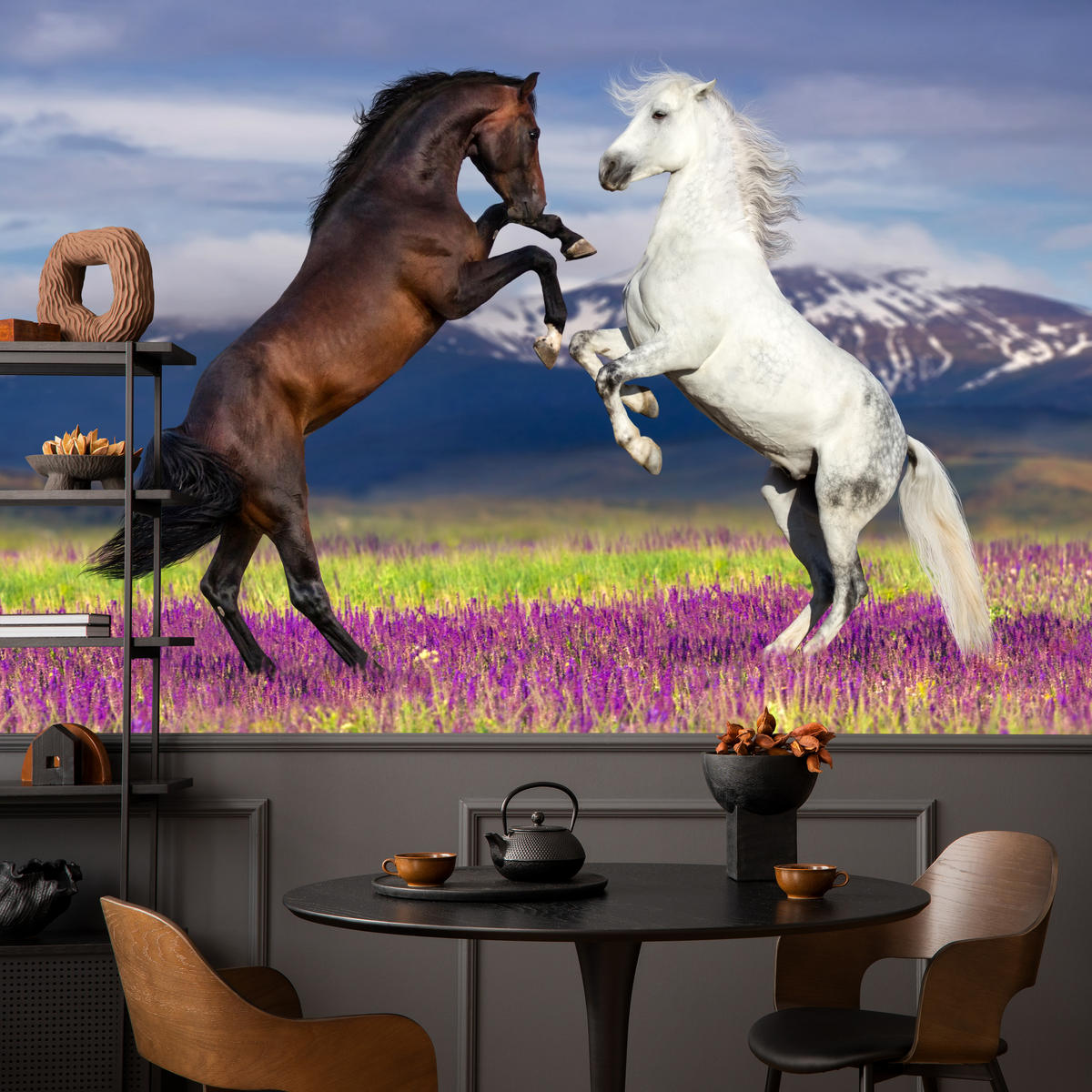 FOTOTAPETA Pre Jedáleň Kone Levanduľové Pole Hory Provensálsko 350 x 256 cm - hnedá/čierna, papier (350/256cm) - Muralo