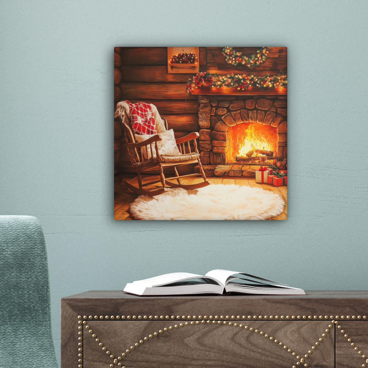 LEINWANDBILD Winter - Weihnachten - Zuhause - Kamin 20x20 cm - Bernsteinfarben, Textil (20/20cm) - MuchoWow