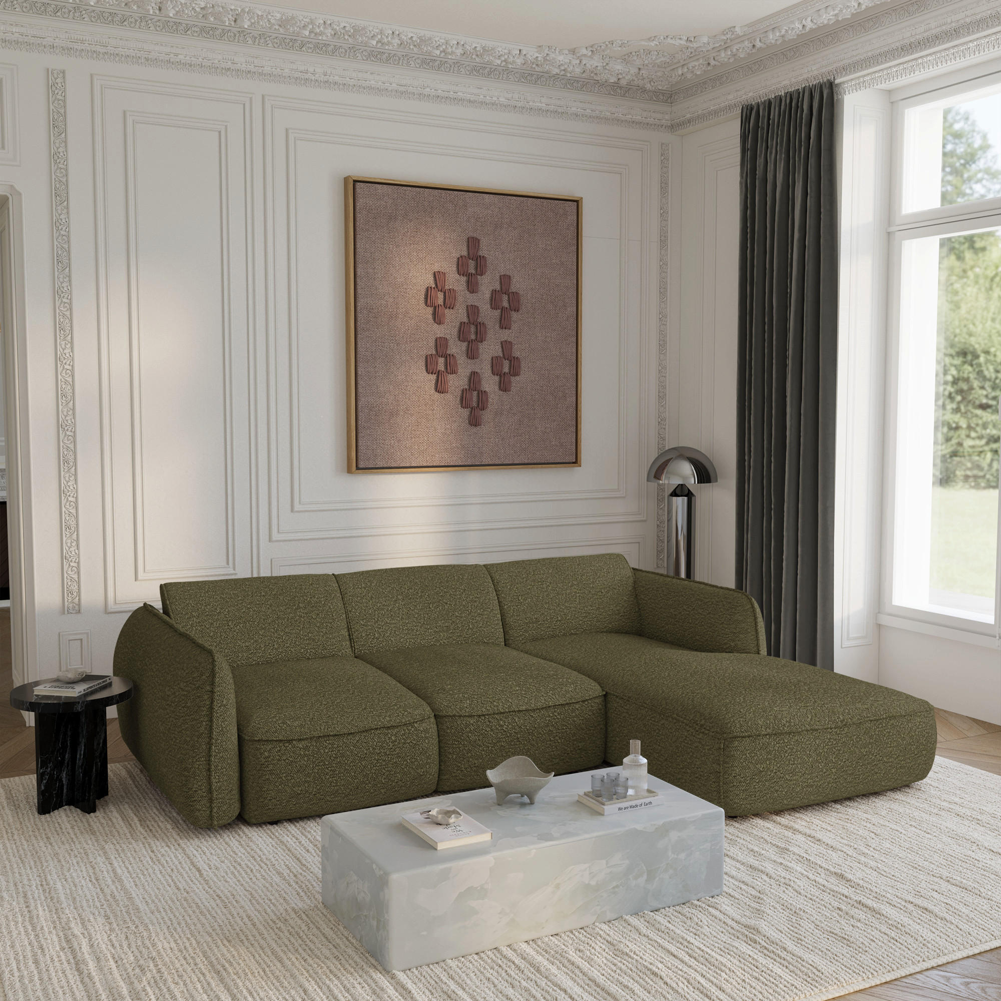 ECKSOFA RECHTS Bouclé-Stoff 274cm - Olivgrün, Textil (274/174cm) - Sia Home