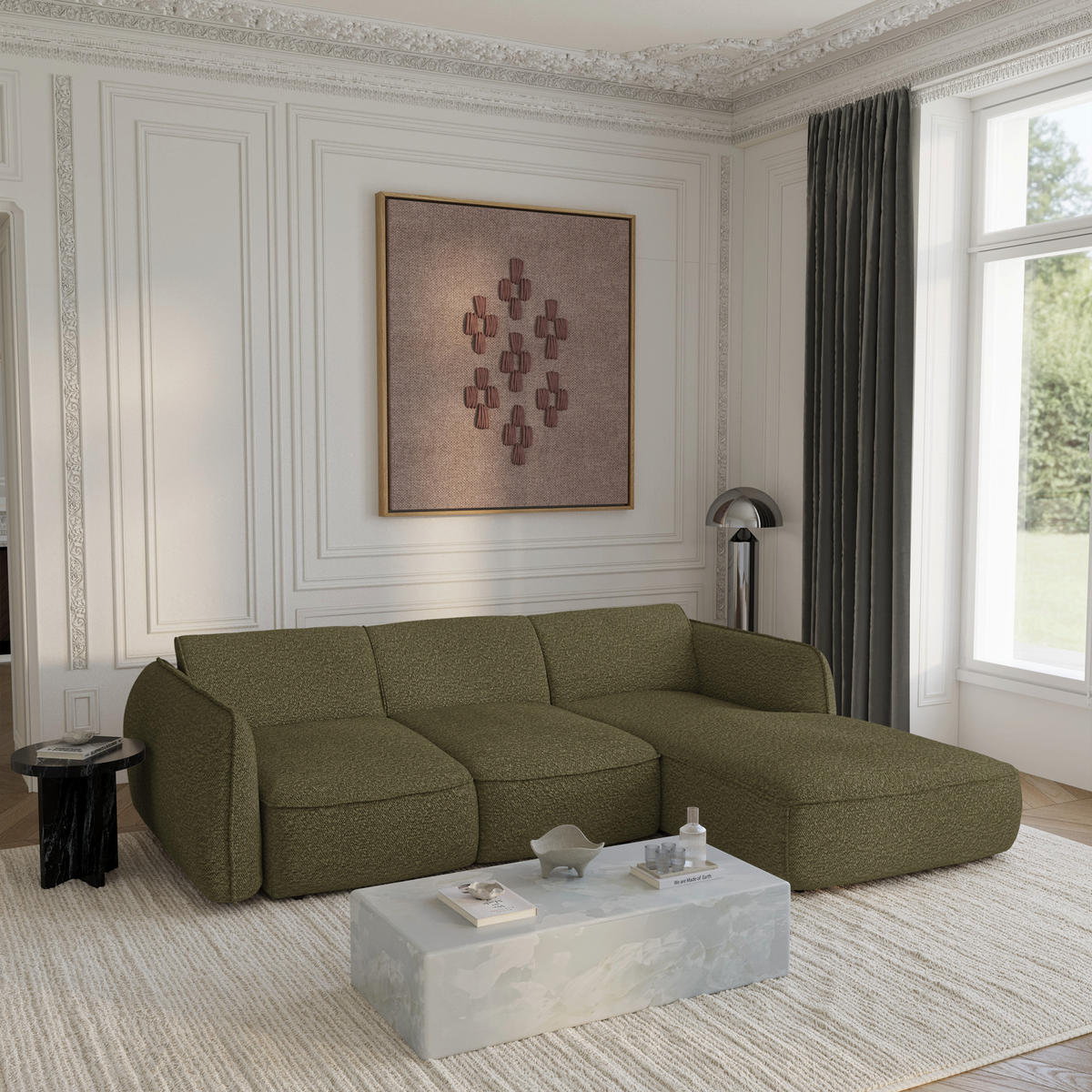 ECKSOFA RECHTS Bouclé-Stoff 274cm - Olivgrün, Textil (274/174cm) - Sia Home